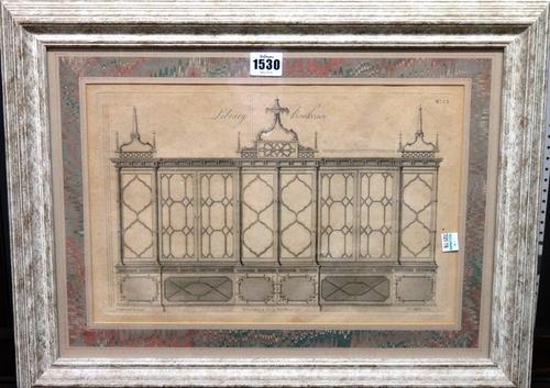 After Thomas Chippendale, Desk & Bookcase; Desk & Bookcase; Library Bookcase, a group of three engravings, various sizes.(3)
