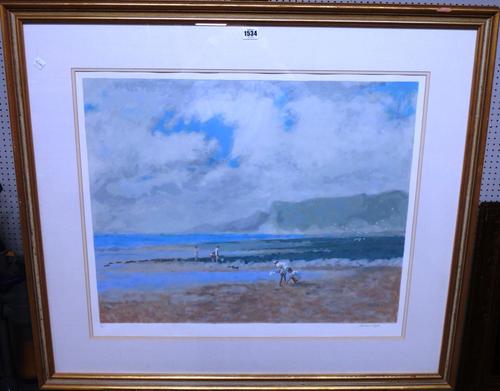 Robert Norman Hepple (1908-1994), Children on the beach, Isle of Wight, colour lithograph, signed and numbered 60/185, 60cm x 72cm. DDS