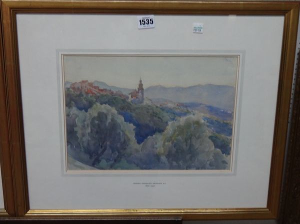 Heny Charles Brewer (1866-1950), Hillside town; Extensive landscape, a pair of watercolours, each 23cm x 33cm.(2) DDS