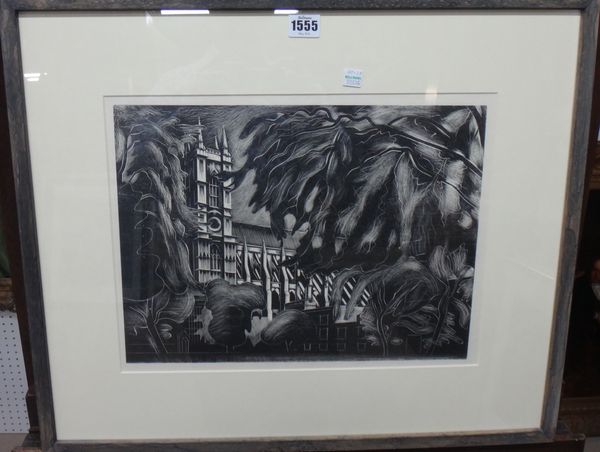 John Farleigh (1900-1965), Westminster Abbey through trees, linocut print, 28cm x 38cm. DDS.