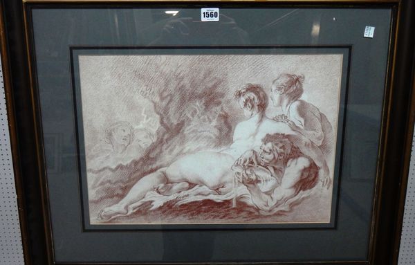 Manner of Francois Boucher, Nymph and Satyr, brown chalk, 33cm x 47cm.