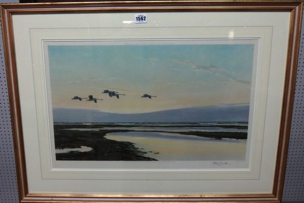 Sir Peter Markham Scott (1909-1989), High tide and wild swans; Mallards rising at dawn from a pool on the salting; Geese in flight over the sea, a gro