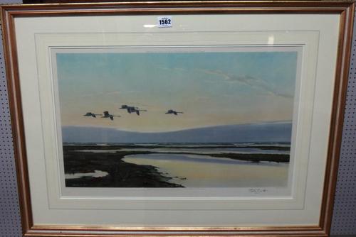 Sir Peter Markham Scott (1909-1989), High tide and wild swans; Mallards rising at dawn from a pool on the salting; Geese in flight over the sea, a gro
