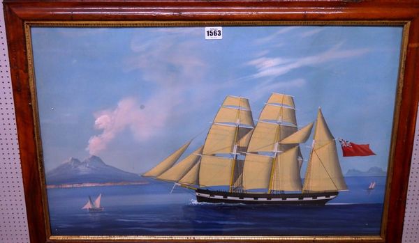 Neapolitan School (19th century), A British ship in the Bay of NAples, gouache, 43cm x 68cm.