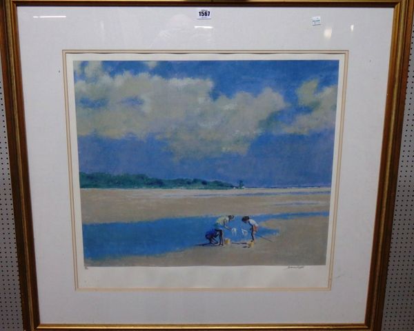 Robert Norman Hepple (1908-1994), Children on the beach, colour lithograph, signed and numbered 60/185, 58cm x 63cm. DDS