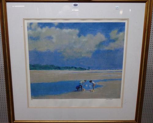 Robert Norman Hepple (1908-1994), Children on the beach, colour lithograph, signed and numbered 60/185, 58cm x 63cm. DDS
