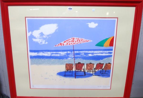 Ruskin Spear (1911-1990), Deckchairs and sunshades on the beach, colour lithograph, signed, numbered 79/140 and dated 1989 in pencil, 62cm x 71cm.