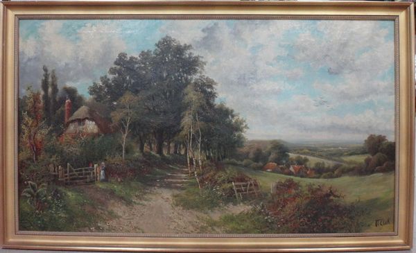 Octavius T Clark (1850-1921), Cottages in a landscape, oil on canvas, signed, 60cm x 105cm.