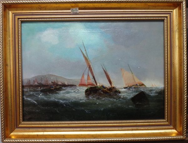 English School (19th century), Vessels off the coast, a pair, oil on canvas, one indistinctly signed, each 24cm x 34cm.(2)