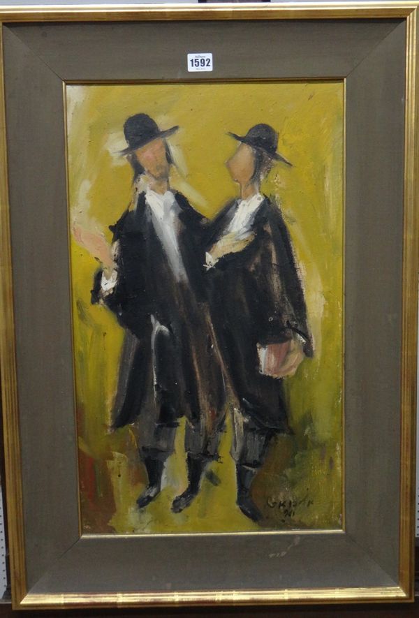 G** K** (20th century), Two Jewish figures, oil on canvas, indistinctly signed and dated 1961, 61cm x 35.5cm.