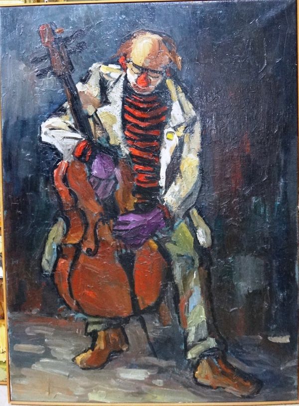 Bernard Lignon (b.1928), Clown playing a double bass, oil on canvas, 99.5cm x 72.5cm. DDS