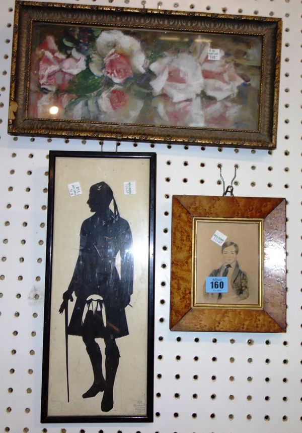 Oil on board,  a still life of roses, together with a silhouette and a portrait of a boy. (3)