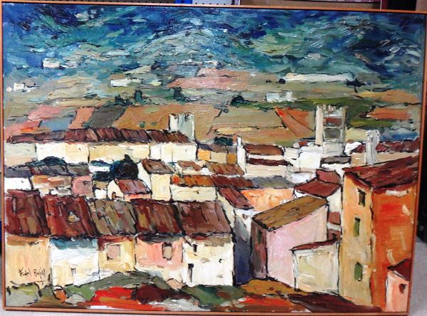 Fidel Bofill (b.1934), Town view, oil on canvas, signed, 72cm x 99.5cm. DDS
