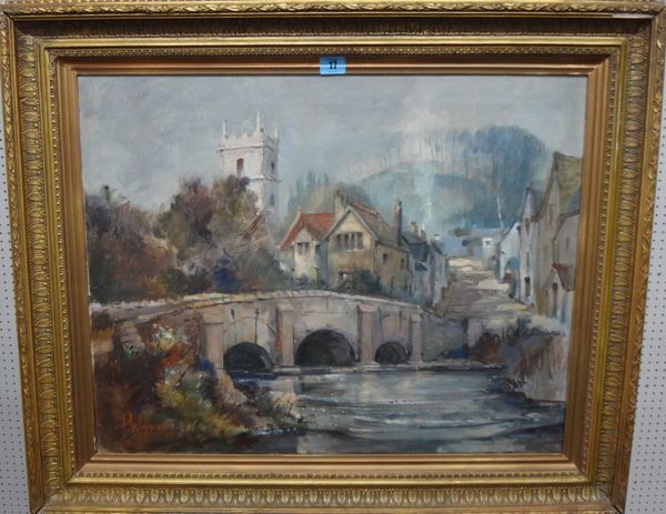P. Ward (20th century), View of a village across a bridge, oil on canvas, signed and dated '69