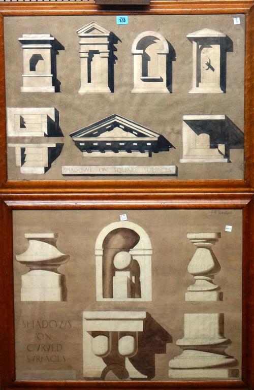 F. R. Jarman (early 20th century), Shadows on curved surfaces; Shadows on square surfaces, a pair, watercolour over pencil, signed and inscribed.(2)