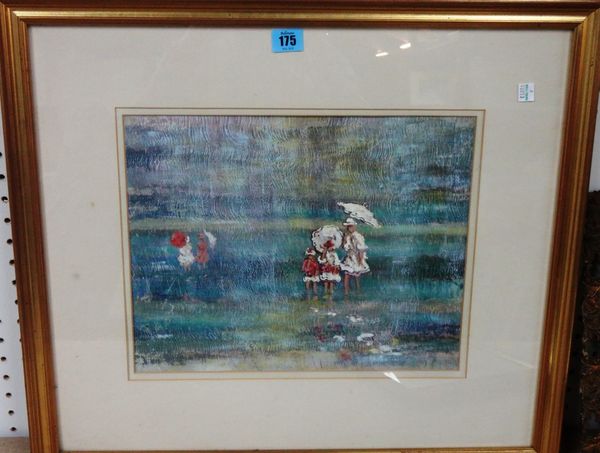 A group of four, including a 20th century oil of girls paddling, a cristoleum print, an engraving of children, and a silkwork.(4)