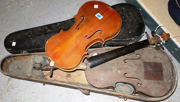 A group of 19th century and later violins and cases. (a.f)