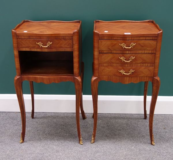 A pair of Louis XV style gilt metal mounted Kingwood bedside tables, one with three drawers and the other with single drawer over recess, each 37cm wi