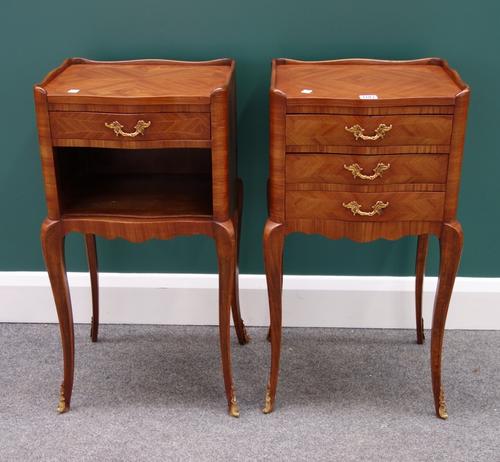 A pair of Louis XV style gilt metal mounted Kingwood bedside tables, one with three drawers and the other with single drawer over recess, each 37cm wi