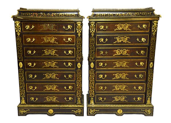 A pair of late 19th century gilt metal mounted mahogany Semaniers, each of the seven drawers enclosed by locking bar, on plinth base, 87cm wide x 127c