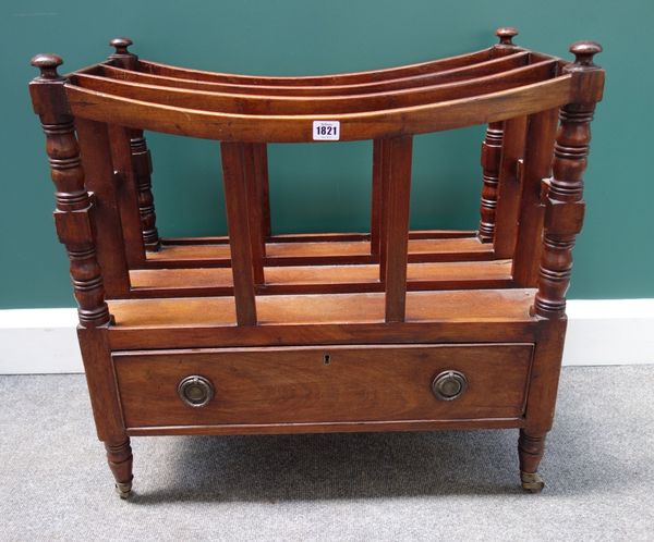 A 19th century mahogany Canterbury, with concave three division top over single frieze drawer on turned supports, 68cm wide.