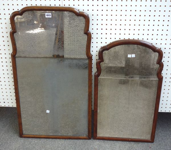 An early 18th century style walnut framed arch top wall mirror, with double mirror plate, 46cm wide x 84cm high, together with another similar 40cm wi