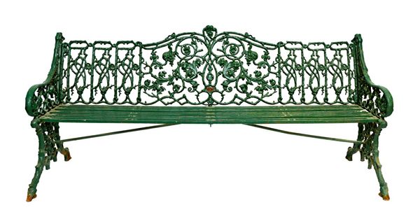 A Coalbrookdale style green painted rustic pattern cast iron garden bench, 181cm wide. Illustrated