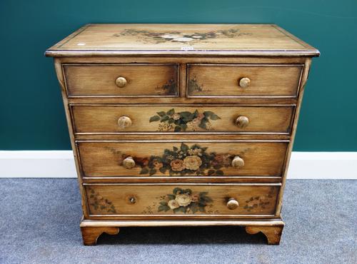 A small mid 18th century style floral and scumble painted chest of two short and three long graduated drawers, on bracket feet, 74cm wide.