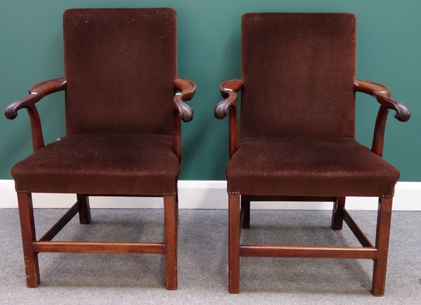 A pair of 19th century mahogany framed square back open armchairs of 18th century style on square supports united by perimeter stretcher, (2).