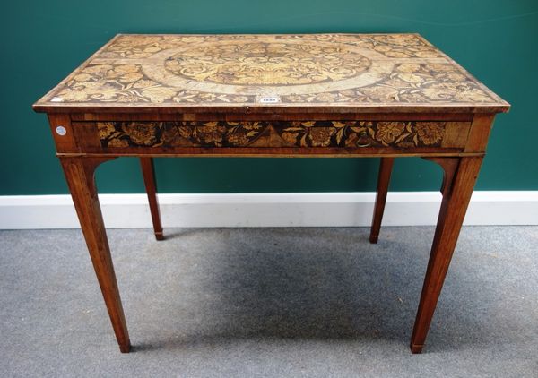 A made-up 18th century marquetry inlaid pollard oak banded side table, with single frieze drawer on tapering square supports, 90cm wide.