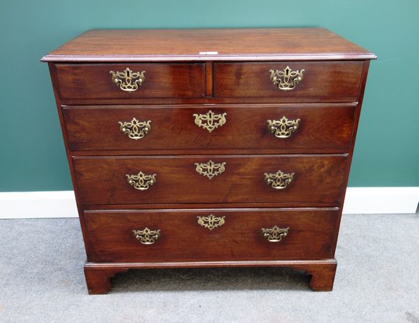 A mid 18th century mahogany chest of two short and three long graduated drawers on bracket feet, 95cm wide.