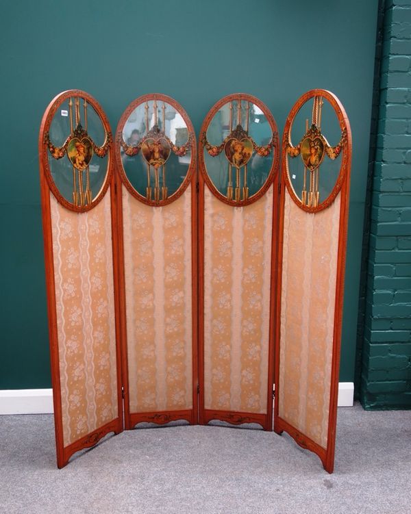 A late 19th century painted satinwood four-fold arch top, semi-glazed draft screen, 164cm wide x 179cm high (a.f).