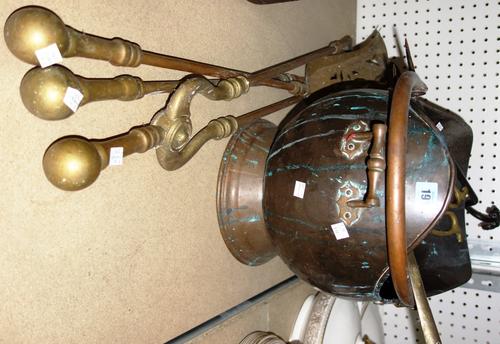 A copper coal scuttle, fire tools and sundry. (qty)