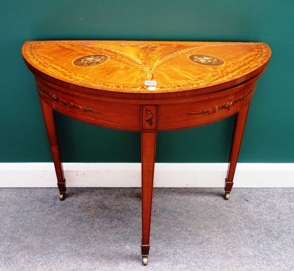 A late 19th century floral painted satinwood card table, on tapering square supports, 92cm wide.