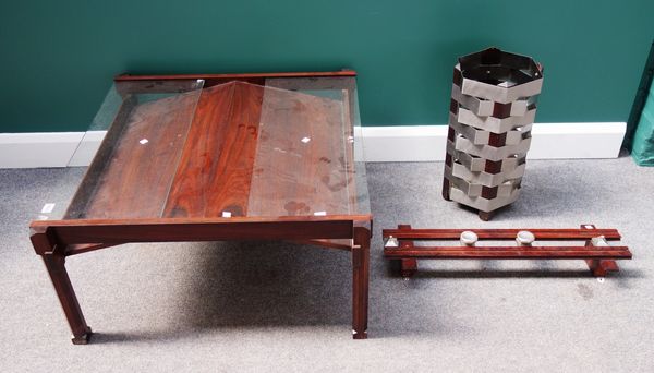 Stildomuselezione Ilo Parisi, a mid 20th century Indian rosewood and aluminium hanging coat rack, 70cm wide, a similar Dione coffee table, 80cm wide,