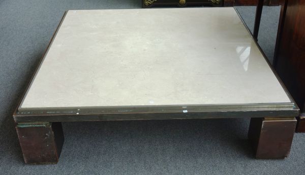 A mid 20th century square coffee table, with inset marble top on a chrome and copper base, with four block supports, 127cm wide.