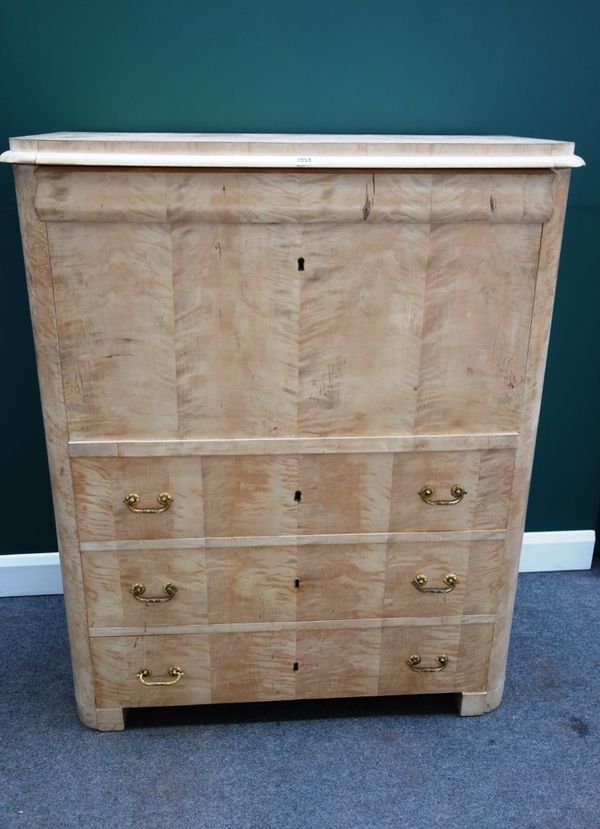 A 19th century birch secretaire a abattant, with single frieze drawer over fall front, revealing a fitted interior above three further long drawers, o