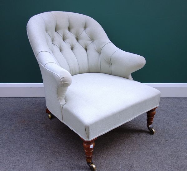 A 19th century mahogany framed Duchess Brisee, with tub back easy armchair and associated later square footstool, all on turned supports, (2).