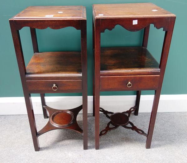 A George III mahogany square two tier nightstand, with single drawer, 33cm wide, together with another similar, 31cm wide, (2).