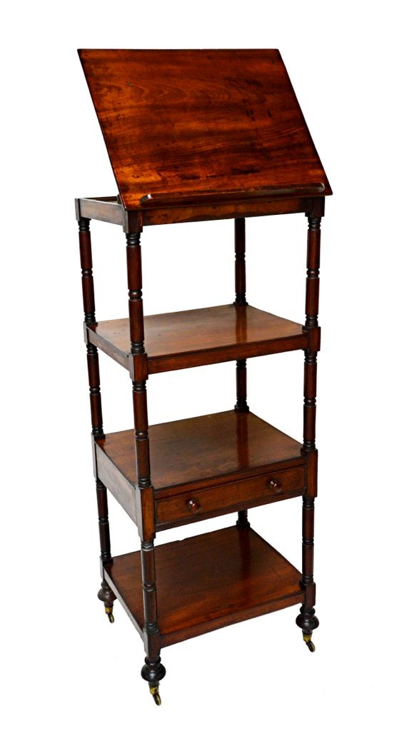 A 19th century mahogany four tier what-not, with angle adjustment upper tier, the third tier with single drawer, all on turned supports, 53cm wide.  I