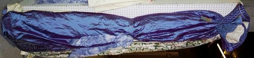 A pair of purple shot silk lined curtains 24 inches x 73 inches drop, together with a single curtain 40 inches x 100 inches drop and pelmet.