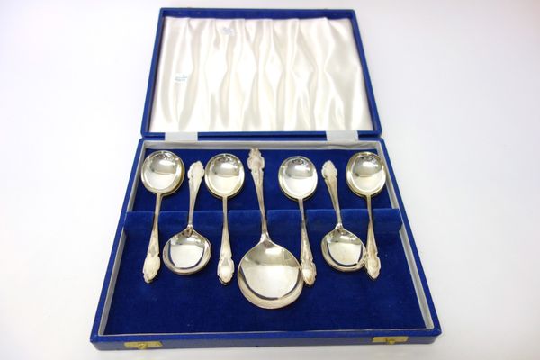Twelve silver fruit spoons and a matching larger fruit serving spoon, various Sheffield dates, circa 1959-1967, combined weight 560 gms, cased.
