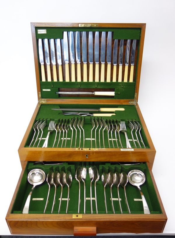 A silver canteen of table flatware, for eight place settings, comprising; eight dessert spoons, eight dessert forks, seven plus one teaspoons, eight s