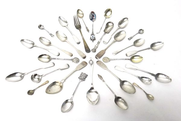 A group of twenty-seven silver spoons, including; a mustard spoon, Dublin 1847, a teaspoon, Exeter 1874, an enamel souvenir spoon and also a silver fo