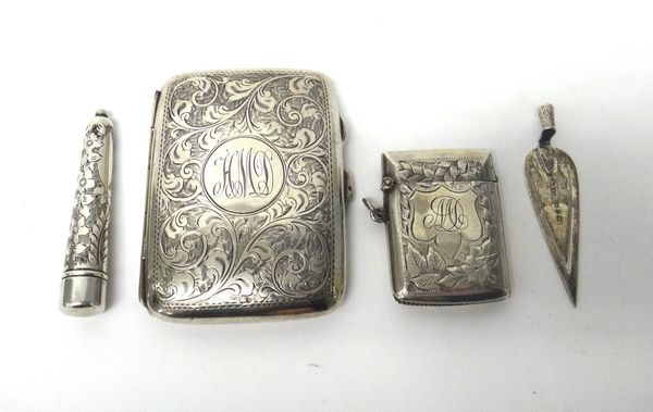 Silver, comprising; a rectangular cigarette case, with feathered scroll engraved decoration, Birmingham 1918, a rectangular vesta case, with floral en