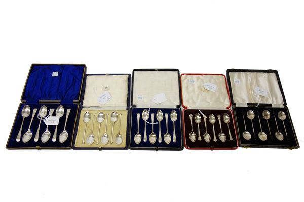 Five sets of six silver coffee spoons, comprising; Sheffield 1908, Sheffield 1927, Sheffield 1926 and 1928, Birmingham 1946 and London 1928, with five