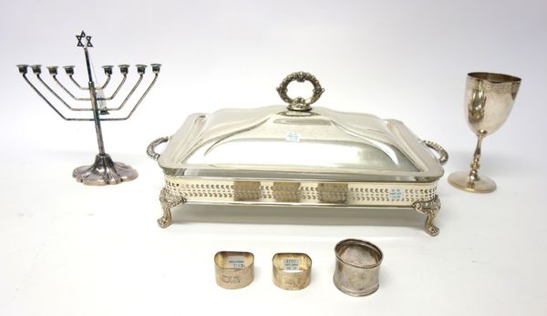 Two silver napkin rings, having engine turned decoration, another napkin ring and plated wares, comprising; a rectangular twin handled lidded vegetabl