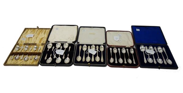 Five sets of six silver tea and coffee spoons, comprising; Sheffield 1900, Sheffield 1888, Sheffield 1948, London 1923 and London 1926, with five case