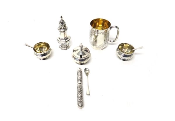 Silver, comprising; a Victorian christening mug, the body engraved with fern sprays and with a 'C' shaped handle, Sheffield 1889, two salts, with two