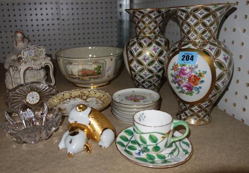 A group of ceramics including a pair of Dresden vases, a Lenox commemorative bowl, Kaiser small trays and sundry. (qty)